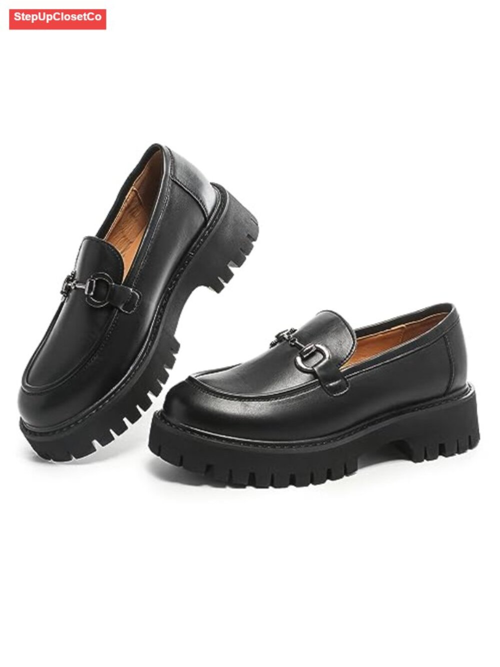 Chunky Loafers Women Platform Lug Sole Slip Ons Round Toe PU Leather